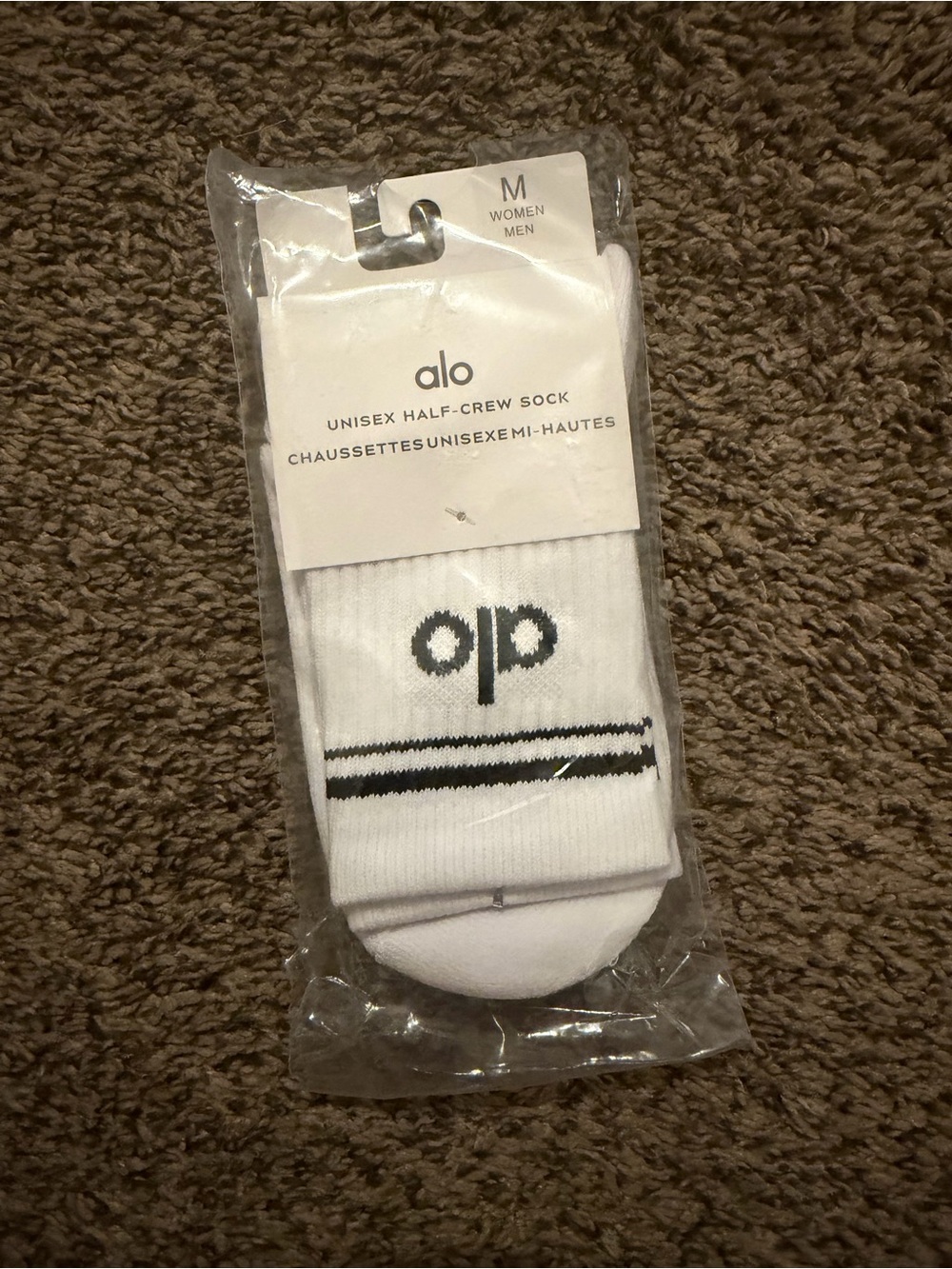 ALO Yoga White Half-Crew Athletic Socks with Black Logo & Stripes